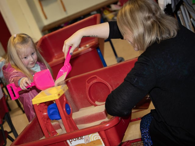 Three years-old Matilda Wieghell having some sand fun with teacher Ms. Lisa McCorkill on Thursday at Oakgrove Primary School. : .