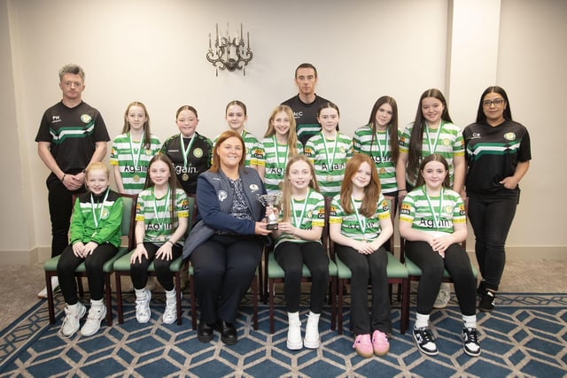 Top of the Hill Celtic u-11s receive the Winter Cup from Charlene Morrow, Derry Credit Union, at the D&D Youth FA awards at the Waterfoot Hotel on Sunday night last. Included are coaches Pajo Hamilton, Ciaran McCloskey and Caoili Bradley. (Photos: Jim McCafferty Photography)