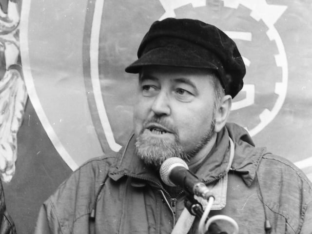 Addressing a low wage protest in Guildhall Square.