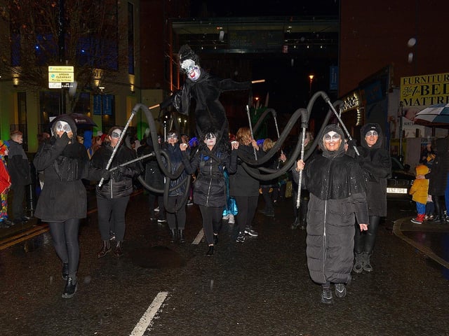 The Halloween carnival parade ‘On the Ninth Wave’ make their way along the Strand Road on Monday evening.  Photo: George Sweeney.  DER2244GS – 083