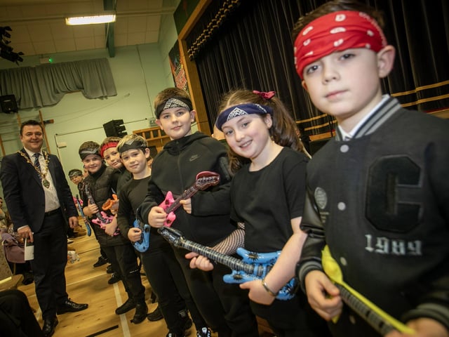 Mayor McHugh with some of the young performers before they went on stage.