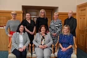 Sponsors pictured at the recent launch of the Derry Journal People of the Year Awards in the Guildhall. Seated, from left, Donna Mattewson, Apex, Mayor Patricia Logue and Erin McFeely, Alchemy Technology Services. Stand, from left, Jacqui Diamond, Derry Journal, Annie Allen, NW Care, Prof Laura McCauley, Ulster University, Susan Moore, NW Care and Brendan McDaid, Derry Journal Digital Editor. Photo: George Sweeney