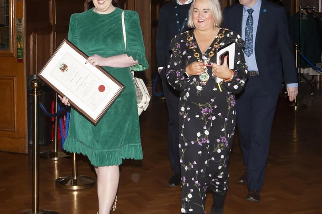 Lisa leaving the Council chambers at the Guildhall with the Mayor, Sandra Duffy after receiving the Freedom of the City on Monday evening.