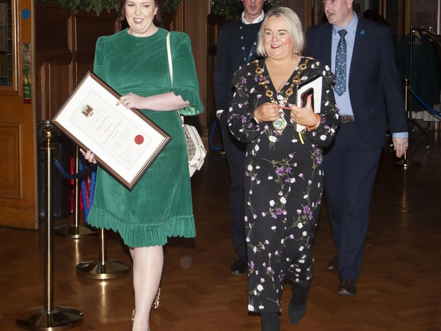 Lisa leaving the Council chambers at the Guildhall with the Mayor, Sandra Duffy after receiving the Freedom of the City on Monday evening.