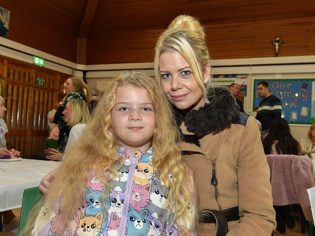 Current pupil Harmony Boyle with her mum Gemma at St Oliver Plunkett’s Primary School’s 50th anniversary celebrations on Thursday evening.