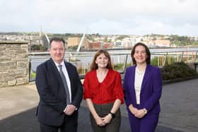 Economy Minister Dr Caoimhe Archibald is pictured at Invest NI’s new North West Regional Office in Derry’s prestigious Ebrington Plaza with Kieran Donoghue, CEO, Invest NI and Aeidin McCarter, Head of Regional Business for the North West at Invest NI.