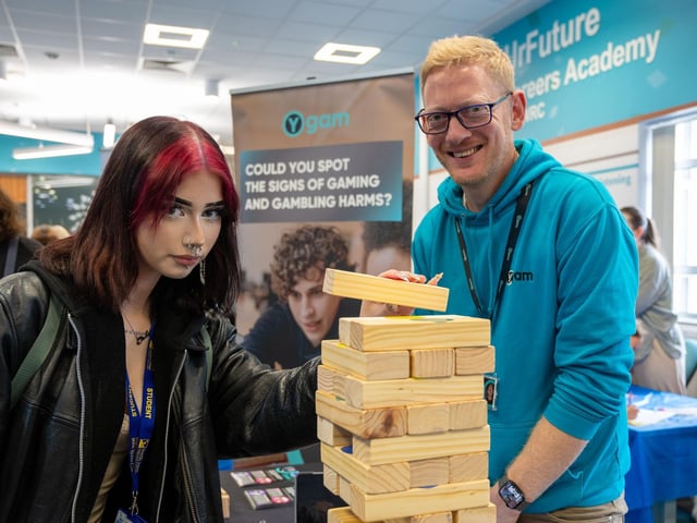 Orla Kearney tries out Jenga at Freshers at NWRC - with assistance from Shaun Paskin, YGAM. : .