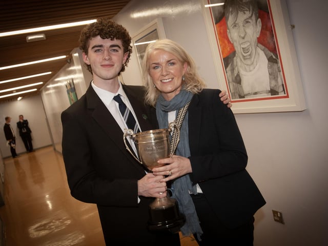 Cian O’Dowd pictured at the St. Columb's College Senior Prizegiving with his mum. Cian was winner of The Sean McMonagle Memorial Trophy as the Leading GCSE Irish Candidate.