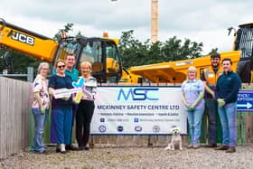 Pictured at the launch of the Labour Market Partnership Plant Academy at the McKinney Safety Centre in Strabane are (from left to right): Emma Quinn, DC&SDC LMP Project Officer; Nicky Gilleece, DC&SDC LMP Manager; Paul Gallagher, Strabane AYE; Eileen McGrinder, DC&SDC Skills Officer; Hazel Irwin, McKinney Office Manager; Adam McKinney, Assessor; Fergal McKinney, Director; and Buddy McKinney, office dog and honorary team member.