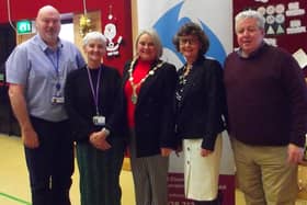 Service managers from the Men’s hostel and Clarendon Shelter, James Jennings and Ann Barr, with Mayor Sandra Duffy, Tracy Hegarty, Vice Chair of the North West Methodist Mission and the Director Liam Milligan.