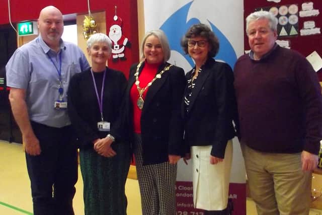 Service managers from the Men’s hostel and Clarendon Shelter, James Jennings and Ann Barr, with Mayor Sandra Duffy, Tracy Hegarty, Vice Chair of the North West Methodist Mission and the Director Liam Milligan.