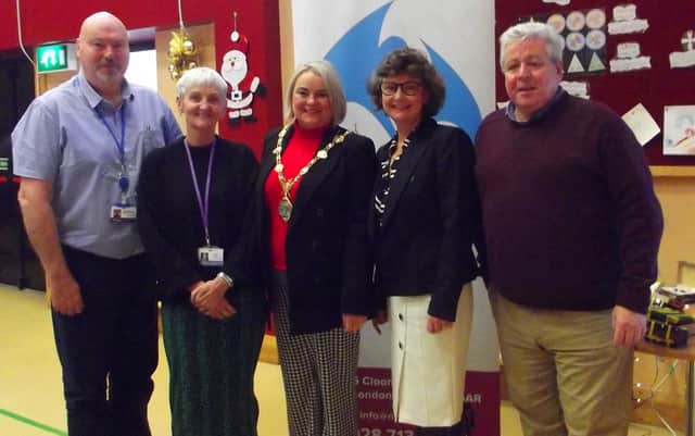 Service managers from the Men’s hostel and Clarendon Shelter, James Jennings and Ann Barr, with Mayor Sandra Duffy, Tracy Hegarty, Vice Chair of the North West Methodist Mission and the Director Liam Milligan.