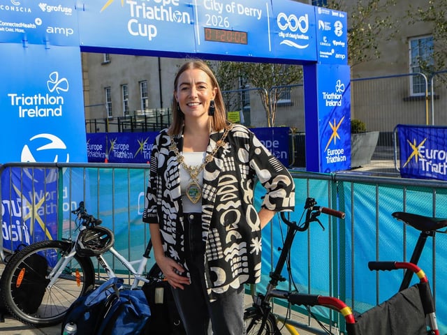 Mayor Grace Uí Niallais at the finish line of the Europe Triathlon Cup in Ebrington Square on Saturday morning. (Photo - Tom Heaney, nwpresspics)