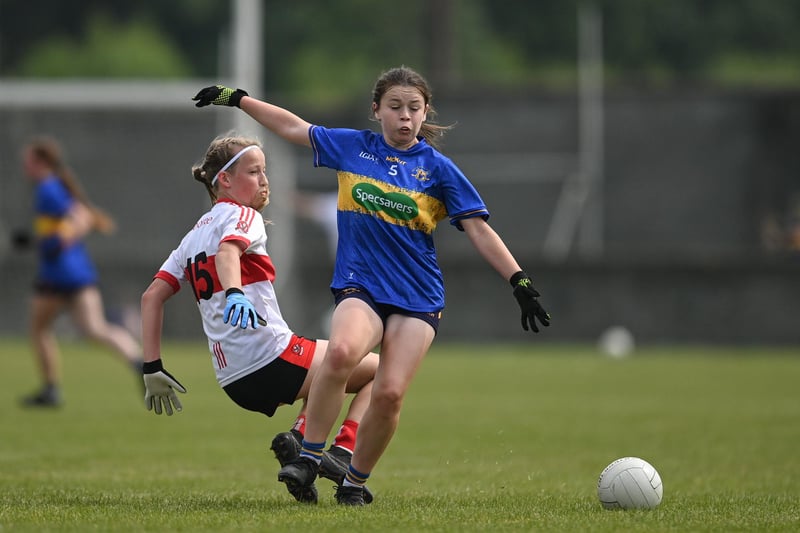 Action from the 2023 All-Ireland U14 Gold Final between Derry and Tipperary at Clan na Gael GAA Club in Dundalk, Louth. Photo by Stephen Marken/Sportsfile