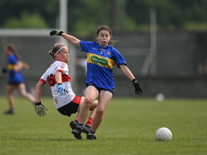 Action from the 2023 All-Ireland U14 Gold Final between Derry and Tipperary at Clan na Gael GAA Club in Dundalk, Louth. Photo by Stephen Marken/Sportsfile