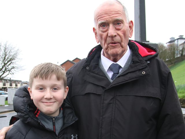 Michael McGonigle, Honorary Vice President Republican Sinn Féin pictured with his grandson Caodhán O’Neill at The Seán Keenan Annual Commemoration in Fahan Street. (Photo - Deirdre Heaney, nwpresspics)