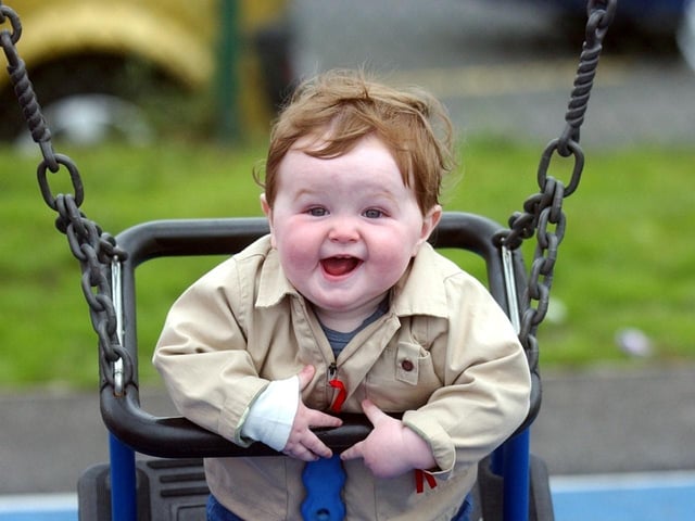 Nine months-old Oran McBride, from Burwood, Buncrana, having a swinging time at the opening of the Buncrana Festival Park. (0607C66)