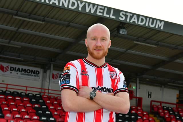Derry City's new signing, Northern Ireland international striker Liam Boyce. Photograph by Kevin Morrison.
