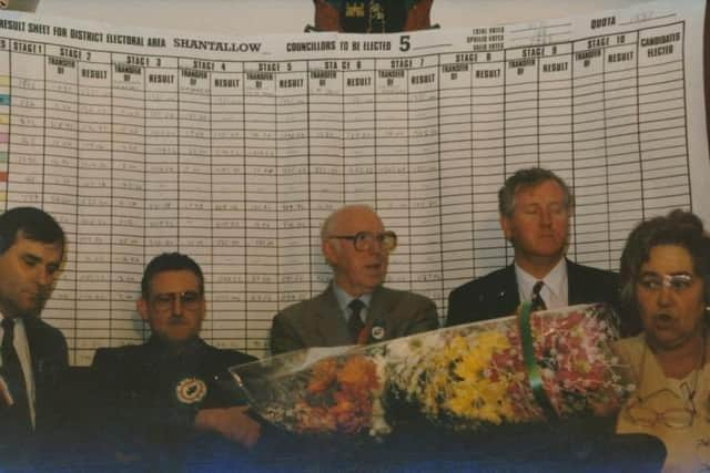 Tony Hassan (second left) pictured in 1997 when he was first elected to the Council with SF's Gerry O hEara, SDLP representatives, the late Willie O'Connell, Shaun Gallagher and Mary Bradley.