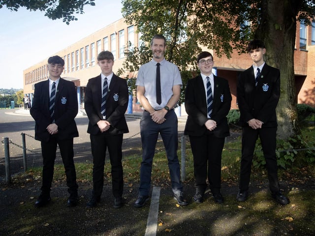 St. Columb's College 12A Academic Prizewinners (Students achieving at least 7 + A*/A at GCSE) pictured with Mr. G. McCay. From left are Aidan Nicell, Rian Kirby, Adam Coogan and Cathal McNicholl.