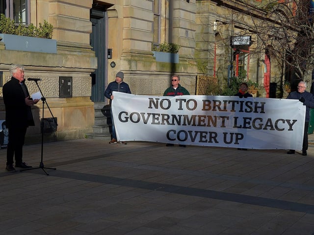 Paul O’Connor, Pat Finucane Centre, speaking at the ‘Bin the Legacy Bill’ protest, organised by The Bloody Sunday Trust and the Pat Finucane Centre, at Guildhall Square on Wednesday afternoon. Photo: George Sweeney. DER2247GS – 49