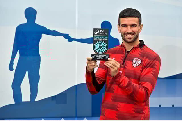 Michael Duffy of Derry City poses for a portrait with his SSE Airtricity / SWI Player of the Month Award for June 2025 at Dungiven in Derry. Photo by Oliver McVeigh/Sportsfile