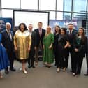 Participants from Ulster University including Magee Provost Malachy Ó Néill and Gemma-Louise, who took to the stage in a hand-made gold linen coat, designed and crafted by a fellow 25@25 leader, Amy, who founded and runs Kindred of Ireland, with Joe Kennedy III in Boston.