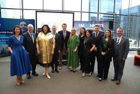 Participants from Ulster University including Magee Provost Malachy Ó Néill and Gemma-Louise, who took to the stage in a hand-made gold linen coat, designed and crafted by a fellow 25@25 leader, Amy, who founded and runs Kindred of Ireland, with Joe Kennedy III in Boston.