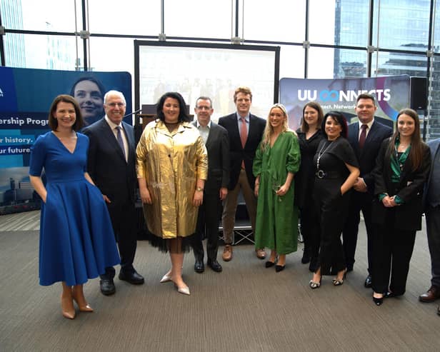 Participants from Ulster University including Magee Provost Malachy Ó Néill and Gemma-Louise, who took to the stage in a hand-made gold linen coat, designed and crafted by a fellow 25@25 leader, Amy, who founded and runs Kindred of Ireland, with Joe Kennedy III in Boston.