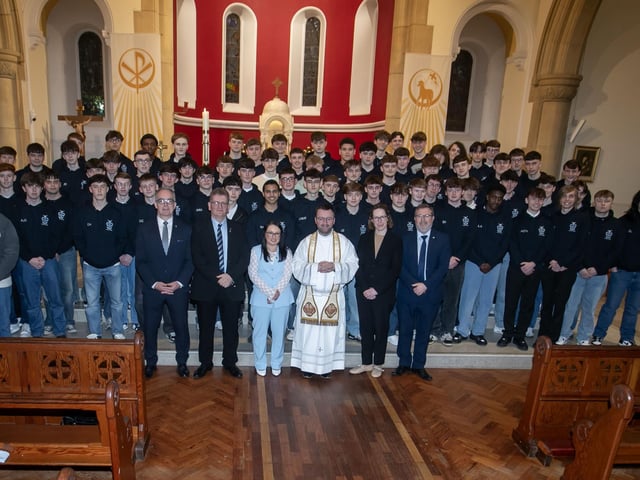 The Class of 2026 from St. Columb's College pictured at the Annual Valedictory Mass in St. Patrick's Church, Pennyburn on Thursday evening last. The Mass was celebrated by Fr. Stephen Ward, School Chaplain. (Photos: Jim McCafferty Photography) : .