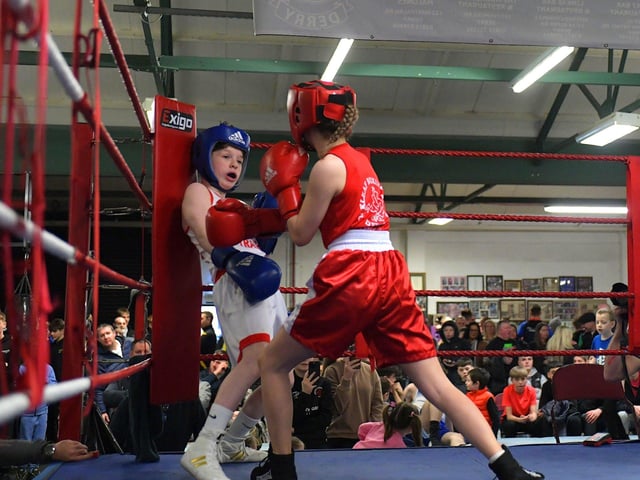 Sean Donaghy of Star of the Sea, left, boxing Oakleaf’s Anna O’Connor. Photo: George Sweeney