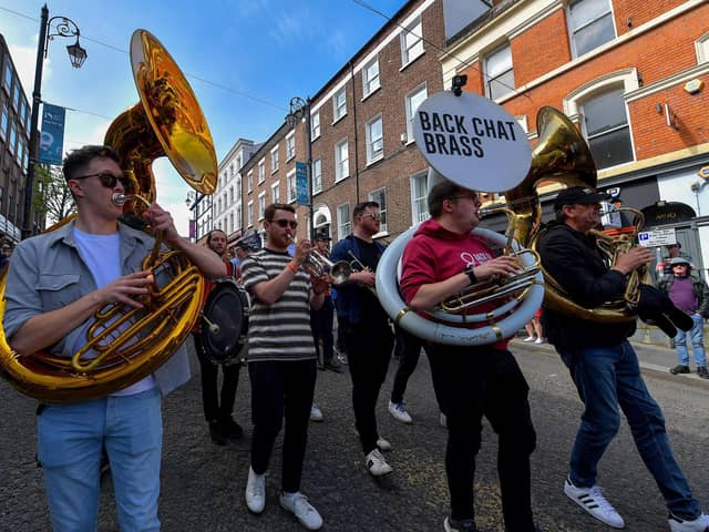 The Back Chat Band at Jazz Festival’s Second Line Parade, on Shipquay Street, last year.  Photo: George Sweeney.  DER2317GS – 141