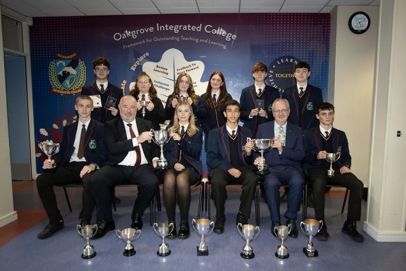 Year 12 prizewinners at Oakgrove Integrated College receiving their awards from Mr. John Shiels, CEO, Manchester United Foundation and Mr. John Harkin, Principal. (Photos: Jim McCafferty Photography)