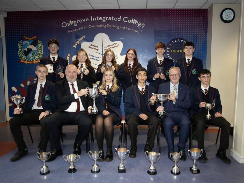 Year 12 prizewinners at Oakgrove Integrated College receiving their awards from Mr. John Shiels, CEO, Manchester United Foundation and Mr. John Harkin, Principal. (Photos: Jim McCafferty Photography)