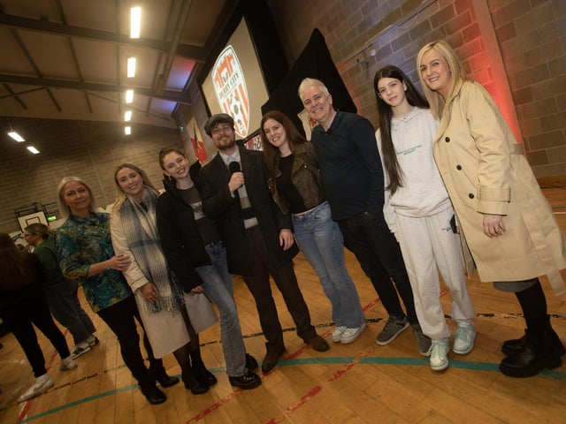 ACTING DEBUT. . . .Young Ruairi Harkin pictured with his proud family after playing a pivotal part in Tuesday's 'City Til I Die' premiere.