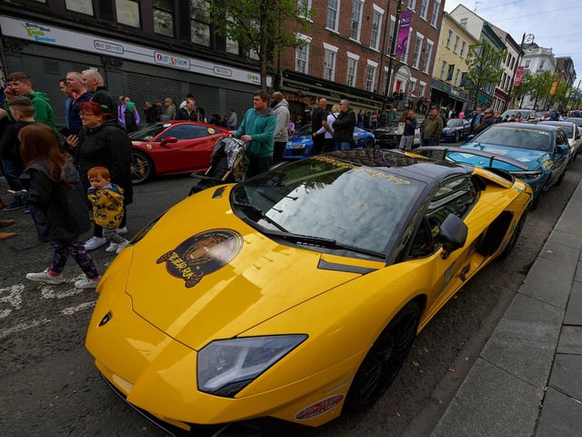 One of the 48 super cars and American Muscle cars that took part in the Bear Run from Derry’s Shipquay Street to Donegal and Inishowen, on Saturday morning, raising funds for Bumbleance, the Children’s Ambulance Service. Photo: George Sweeney. DER2317GS – 111