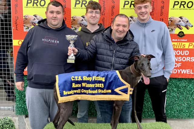 The C.T.S. Shop Fitting 700 was won by 'Sweet Idea'.  Conor Colby (left) presents owner John Mc Menamin Jnr. with the trophy. Included is Daniel Moore (centre) and Adam Harrigan.
