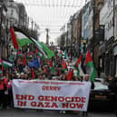 Thousands of protesters take part in a march and rally, in Derry in January, calling for a ceasefire in Gaza. Photo: George Sweeney