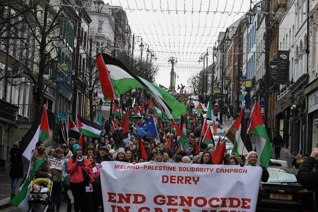 Thousands of protesters take part in a march and rally, in Derry in January, calling for a ceasefire in Gaza. Photo: George Sweeney