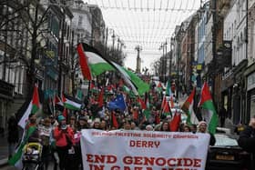 Thousands of protesters take part in a march and rally, in Derry in January, calling for a ceasefire in Gaza. Photo: George Sweeney