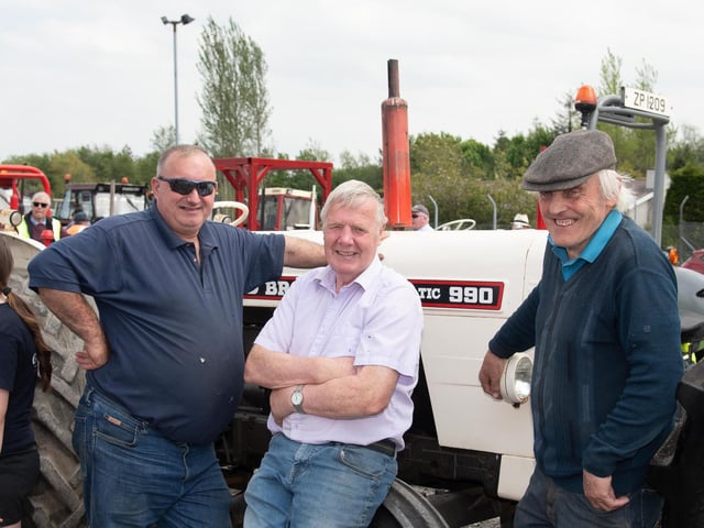Robert Craig, Victor Barnett and Charles Doherty at the Allen Wylie Memorial Tractor Run from Letterkenny to Newtoncunningham on Saturday last held to raise funds for the Good & New Cancer Bus. Photo Clive Wasson