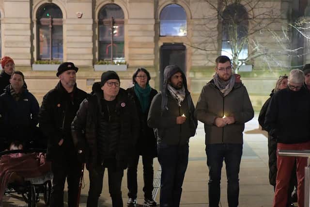 Veteran civil rights campaigner Eamonn McCann attended the solidarity rally for all victims and survivors of violence against women held at Guildhall square on Friday evening. Photo: George Sweeney
