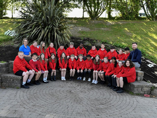 Mr Doherty's P7 class at Lisnagelvin Primary School. Included in the photograph is classroom assistant Mrs McGowan.