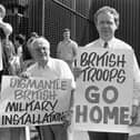 Martin McGuinness and Liam McCartney stage a protest calling for the dismantlement of Fort George in September 1994.