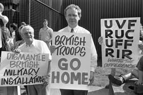 Martin McGuinness and Liam McCartney stage a protest calling for the dismantlement of Fort George in September 1994.