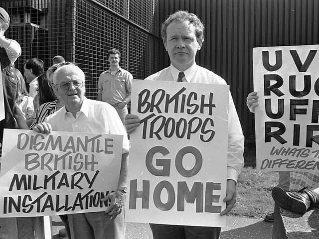 Martin McGuinness and Liam McCartney stage a protest calling for the dismantlement of Fort George in September 1994.