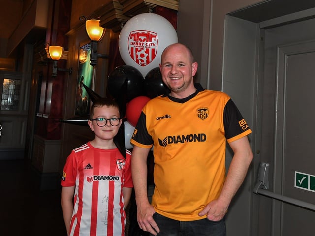 Derry City fans pictured at the Brunswick Moviebowl ahead of the live screening of the candystripes’ Europe Conference League away to FCB Magpies on Thursday evening. Photo: George Sweeney