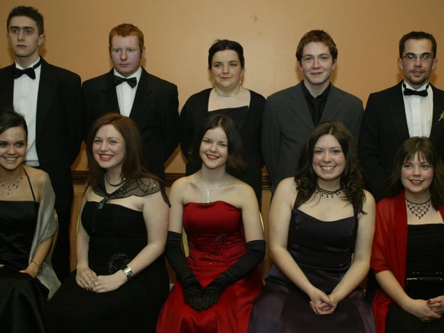 Gloria Sheerin, Amy Stewart, Erin Doherty, Julie Brouse and Katherine Moore with friends Paul Morrison, Kevin Ward, Lisa Walker, Paul Lynch and David Navarro. (0203JB43):Attendees enjoying the Thornhill College formal in April 2004.