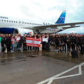 Derry City team and supporters departing from City of Derry Airport on Wednesday ahead of the Europa Conference League first round tie against HB Torshavn.