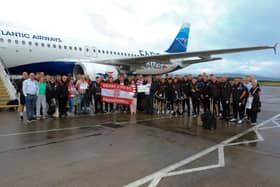 Derry City team and supporters departing from City of Derry Airport on Wednesday ahead of the Europa Conference League first round tie against HB Torshavn.